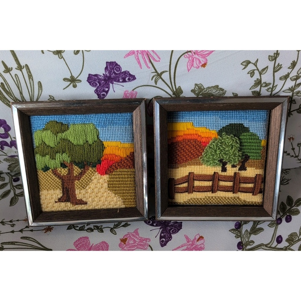 RARE Vtg Completed Framed 2 Needlepoint Tapestry Oak Trees cottagecore Read